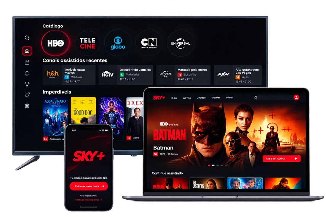 SKY+ na televisão, notebook e celular
